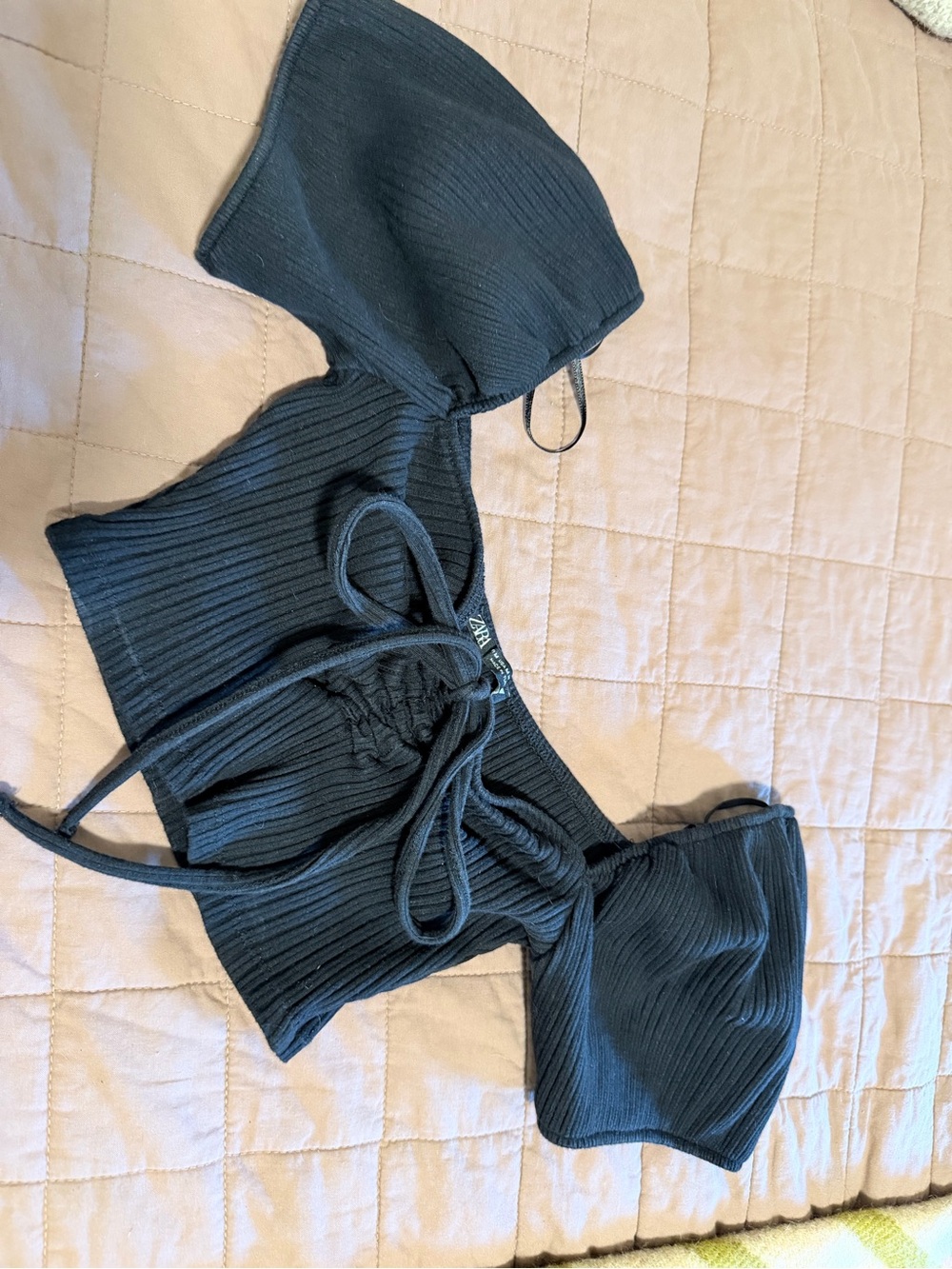 Zara Black Ribbed Tie-Front Crop Top